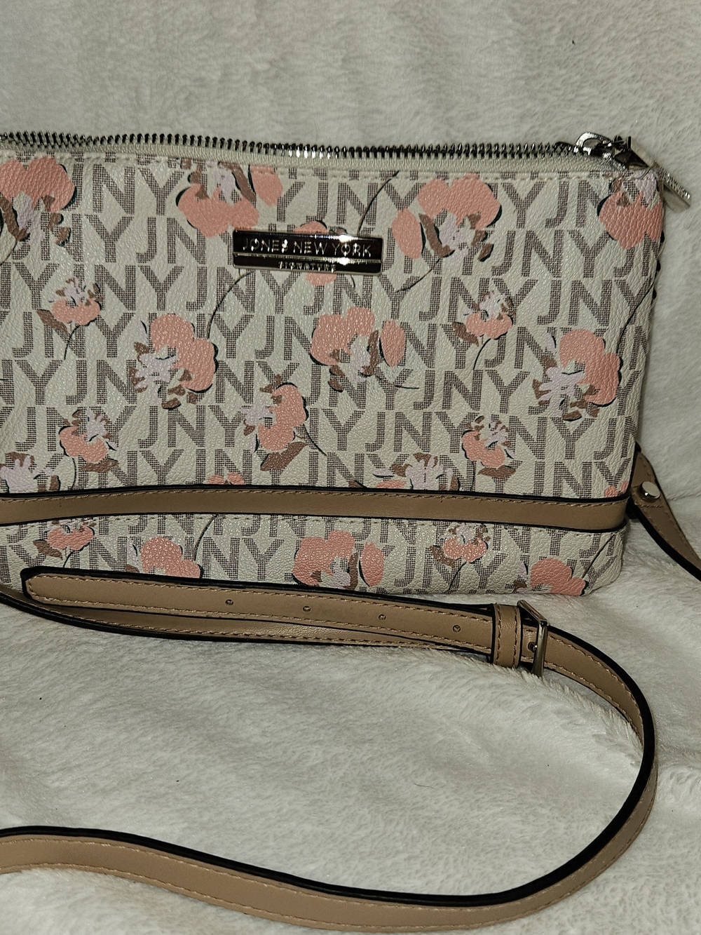 Nine West Pink Floral Logo Crossbody with Tan Strap